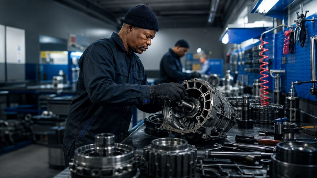 Technician working on the internals of an automatic transmission at a workshop bench
