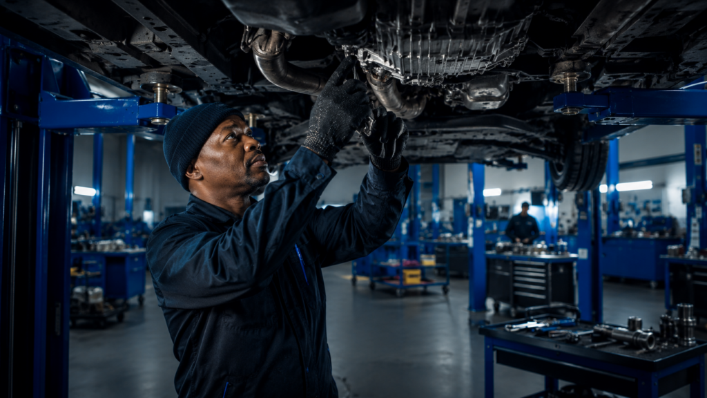 Technician working underneath a vehicle raised on a hoist in the workshop