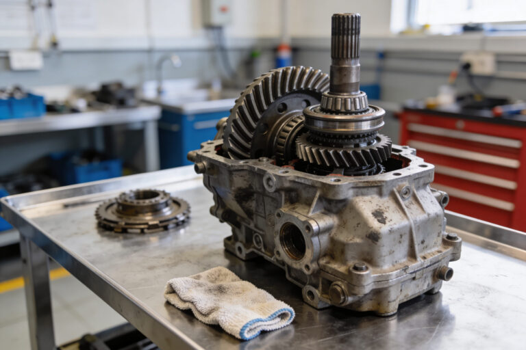 A detailed view of a worn car transmission assembly, showing intricate gears and bearings, resting on a metal cart in a workshop setting